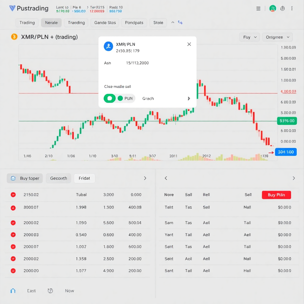 Screenshot of a cryptocurrency exchange trading interface showing the XMR/PLN trading pair with price charts, order book, and buy/sell forms