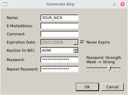 Screenshot of GPG4USB key generation window, showing fields for name, email, comment, expiration, key size, and password