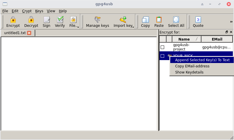 Screenshot of GPG4USB with context menu open, showing 'Append Selected Key(s) To Text' option for a selected key