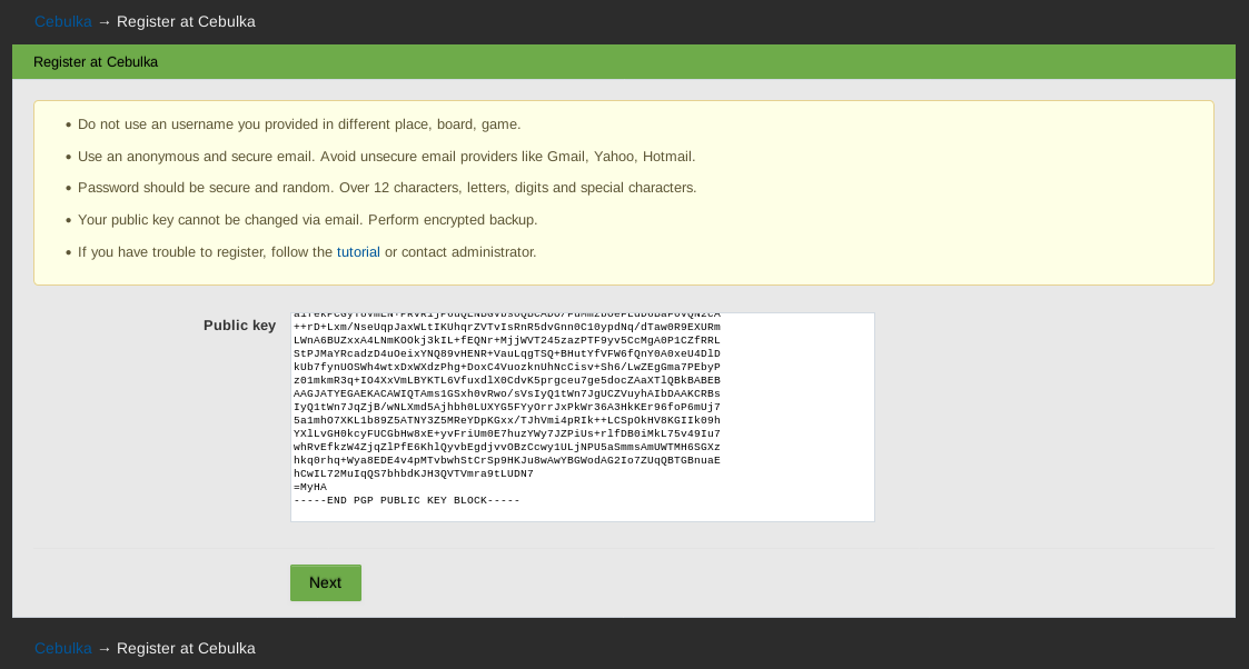 Screenshot of Cebulka registration form with Public Key field highlighted and a pasted PGP public key