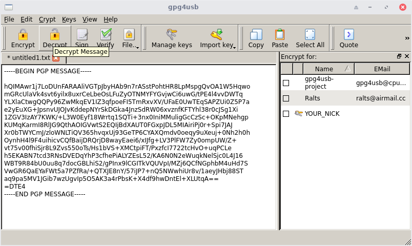 Screenshot of GPG4USB with encrypted token pasted in the text area and Decrypt button highlighted