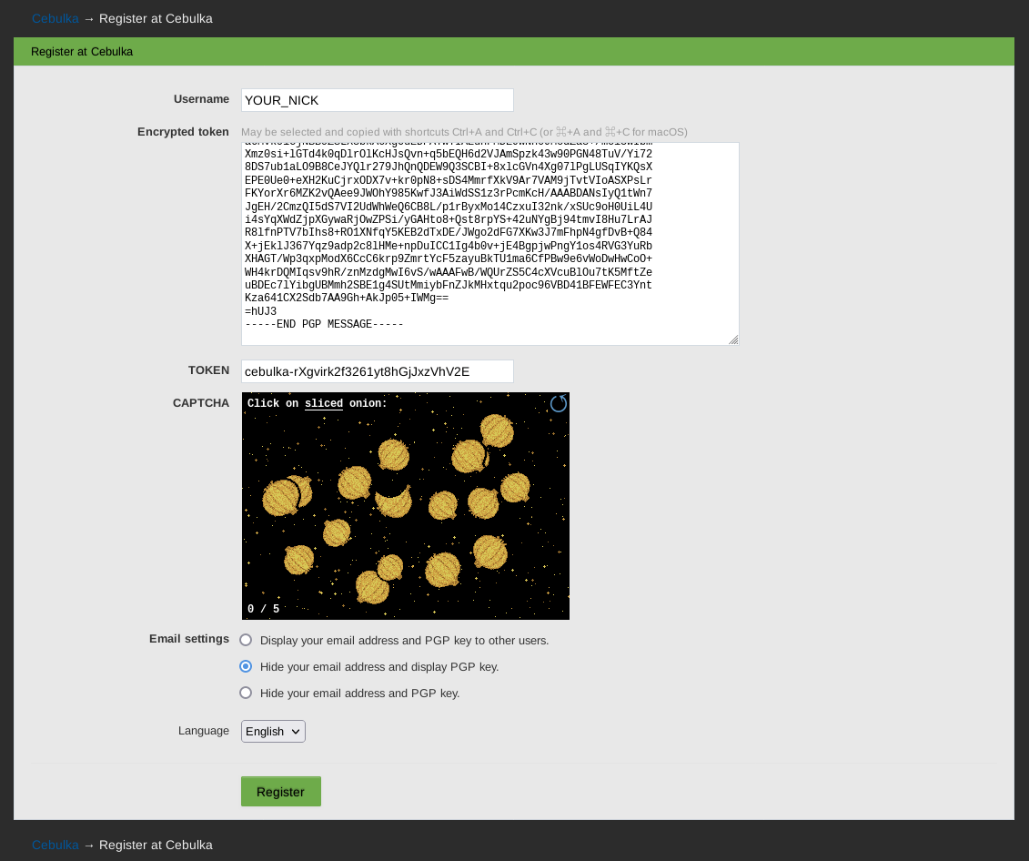 Screenshot of Cebulka registration CAPTCHA with images of sliced onions and Register button
