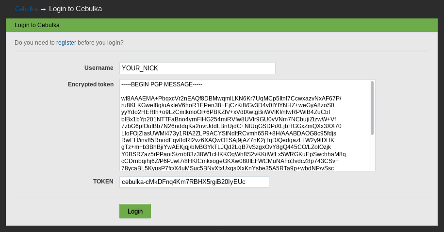 Screenshot of Cebulka login form with Encrypted Token field and GPG4USB decryption window